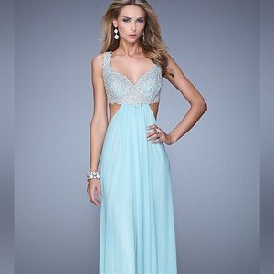 Elegant Lace and Chiffon prom Dress in Light Blue